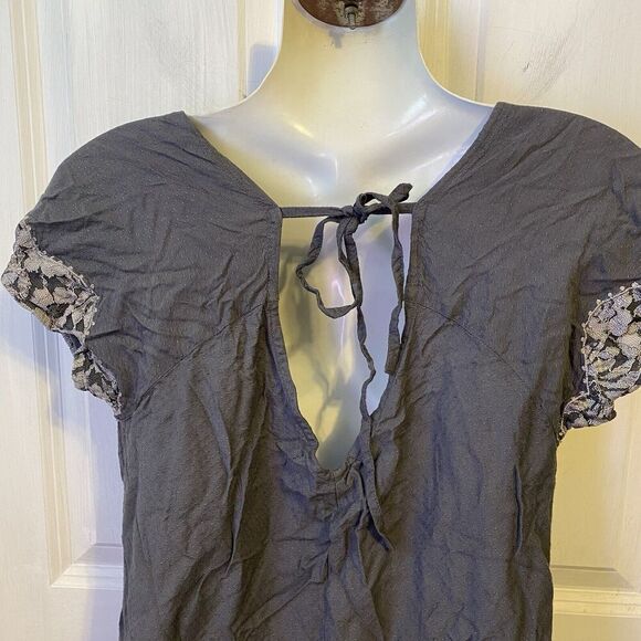 Y2K ASOS Mini Dress Women Size 6 Gray Lace Double V Neck Tie Back Sexy Feminine - Picture 7 of 10